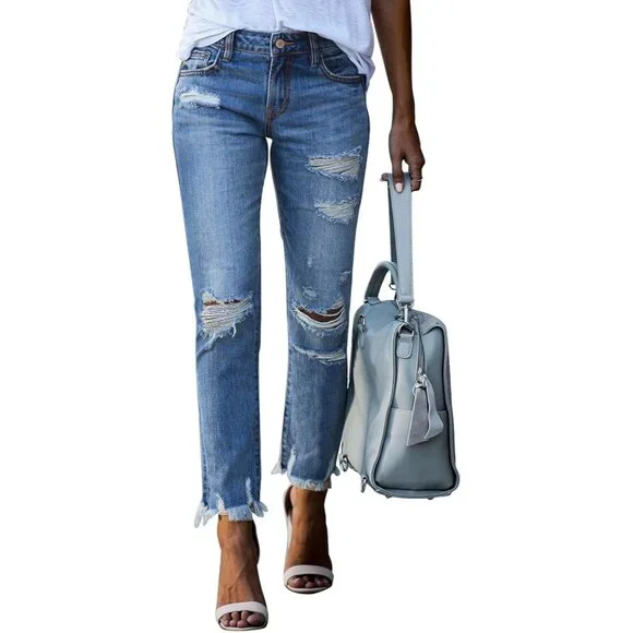 Women's Distressed Straight Leg Boyfriend Jeans Denim Spring Summer - Picture 1 of 6